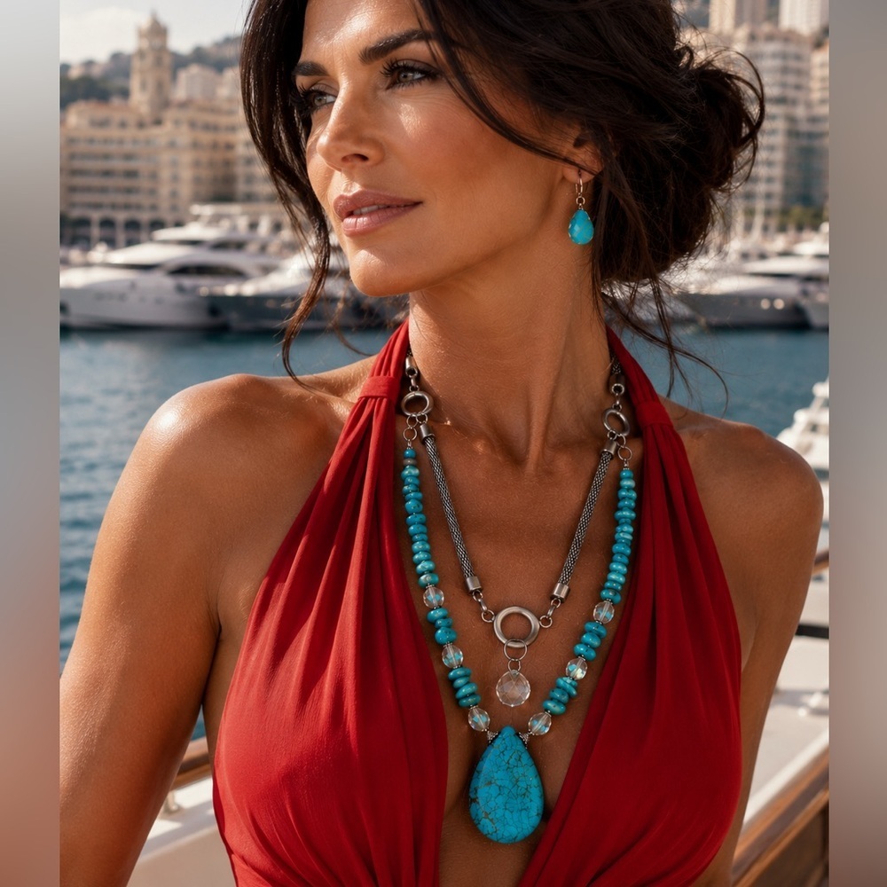 RUBYRUDI Artisan Turquoise Colored Howlite Pendant Long Silver Necklace — OOAK